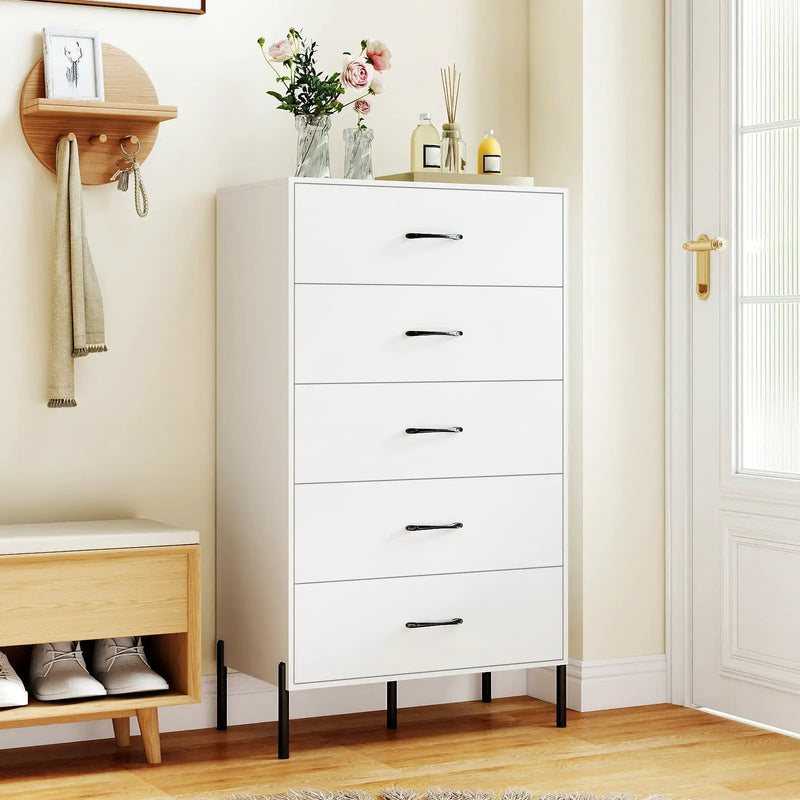 5-Drawer Modern Tall Chest of Drawers with Metal Legs-White by DirectDeals