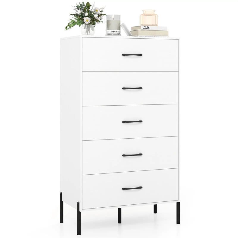 5-Drawer Modern Tall Chest of Drawers with Metal Legs-White by DirectDeals