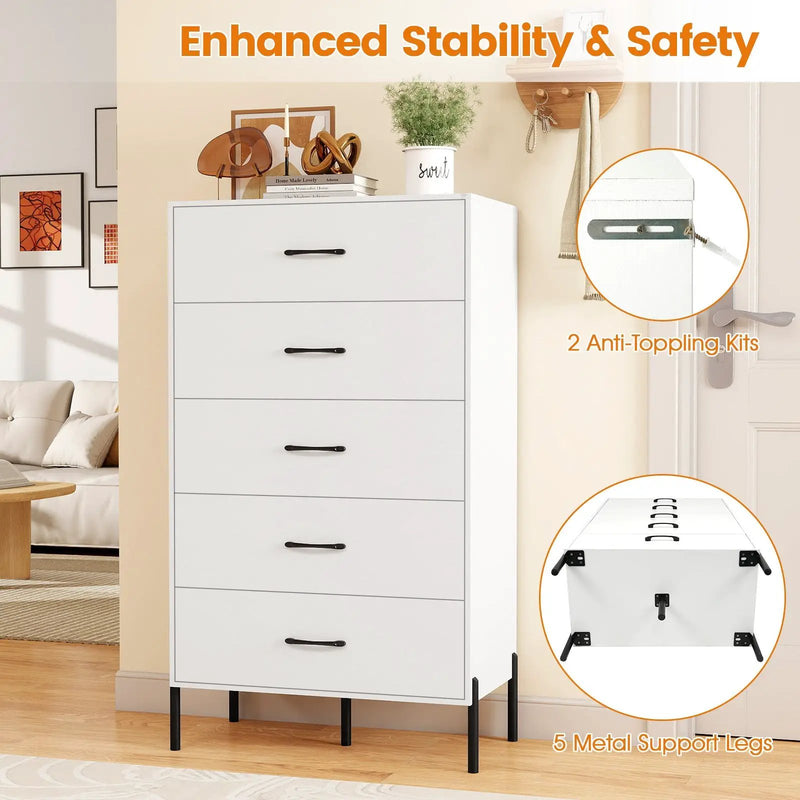 5-Drawer Modern Tall Chest of Drawers with Metal Legs-White by DirectDeals
