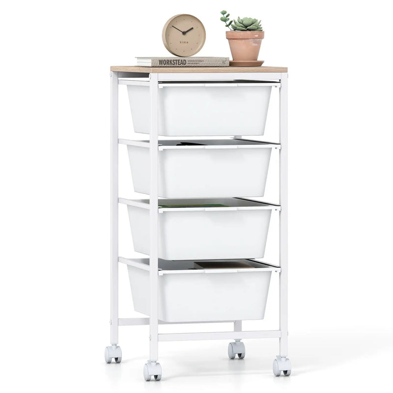 5-Drawer Rolling Storage Cart Mobile Utility Organizer with Wooden Tabletop and Lockable Wheels-White by DirectDeals