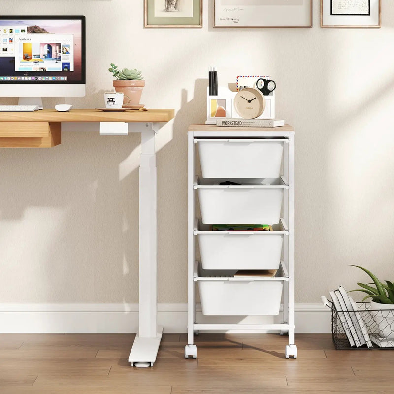 5-Drawer Rolling Storage Cart Mobile Utility Organizer with Wooden Tabletop and Lockable Wheels-White by DirectDeals
