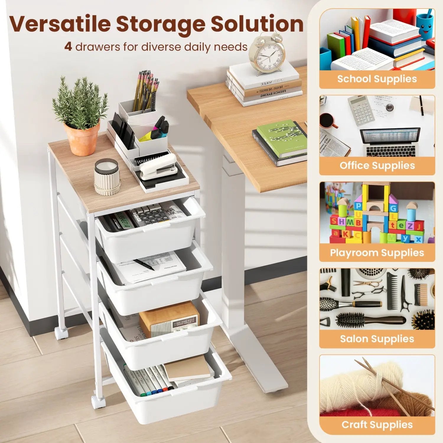 5-Drawer Rolling Storage Cart Mobile Utility Organizer with Wooden Tabletop and Lockable Wheels-White by DirectDeals