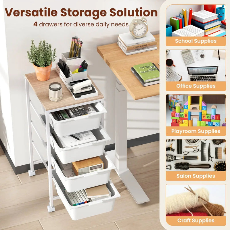 5-Drawer Rolling Storage Cart Mobile Utility Organizer with Wooden Tabletop and Lockable Wheels-White by DirectDeals
