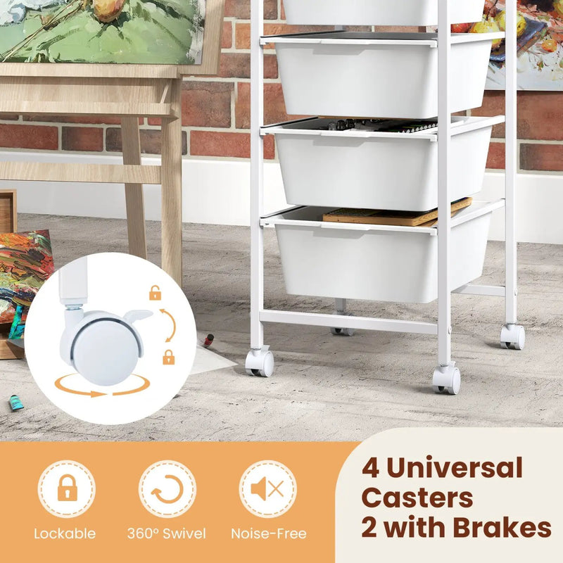 5-Drawer Rolling Storage Cart Mobile Utility Organizer with Wooden Tabletop and Lockable Wheels-White by DirectDeals