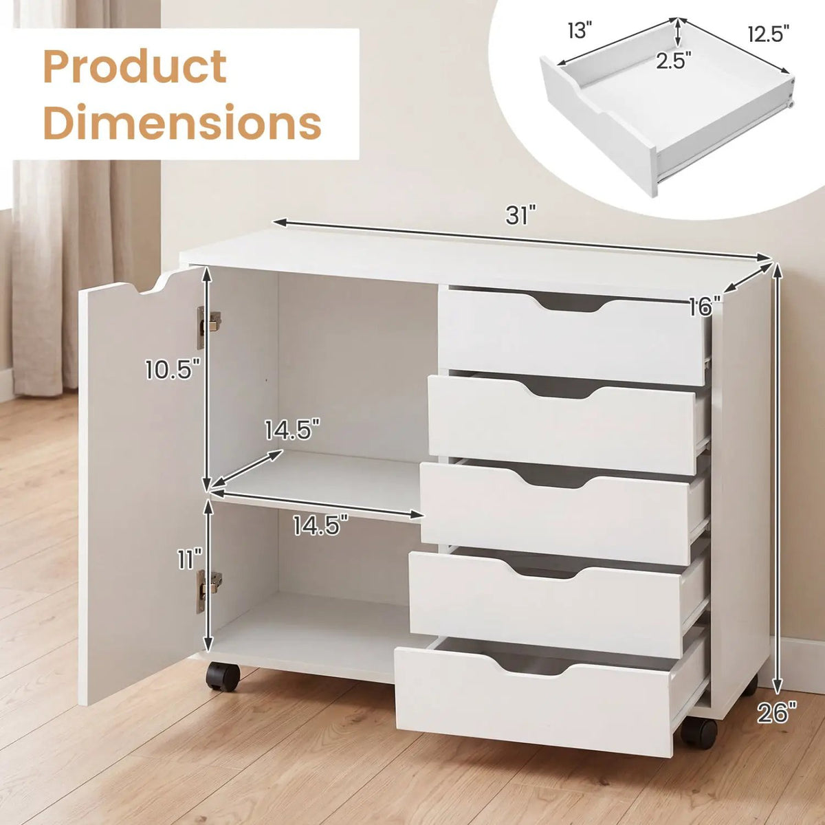 5-Drawer Mobile Storage Cabinet with Adjustable Shelf, photo 5 of 24