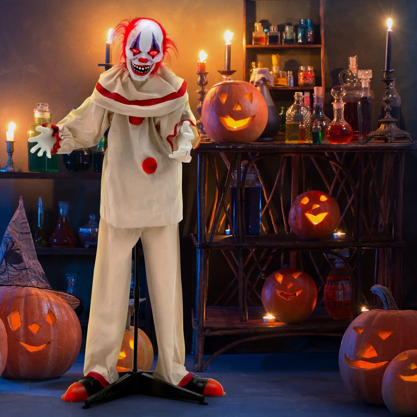 5 FT Grins Animatronic Killer Clown Halloween Decoration with Glowing Red Eyes by DirectDeals
