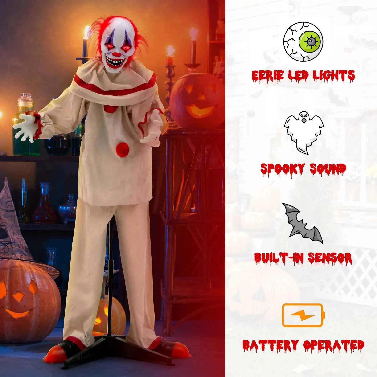 5 FT Grins Animatronic Killer Clown Halloween Decoration with Glowing Red Eyes by DirectDeals