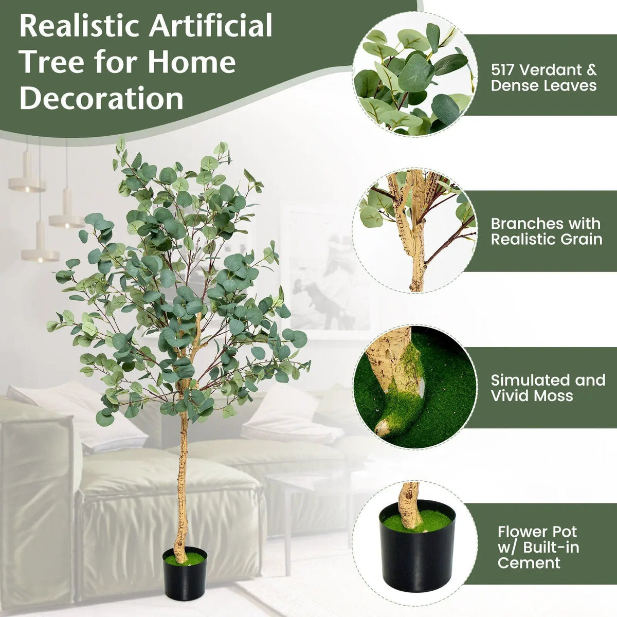5.5 Feet Artificial Eucalyptus Tree with 517 Silver Dollar Leaves, photo 6 of 9
