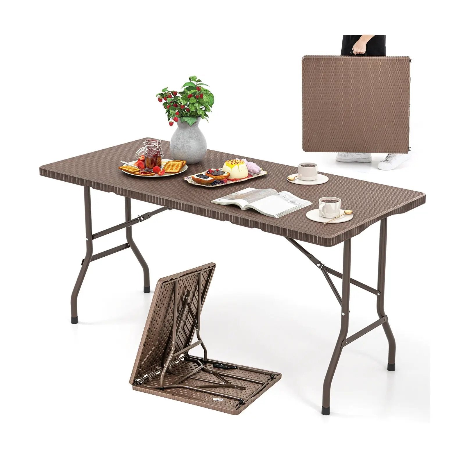 5FT Folding Picnic Table with Rattan Grain HDPE Tabletop and Sturdy Metal Fame-Coffee by DirectDeals