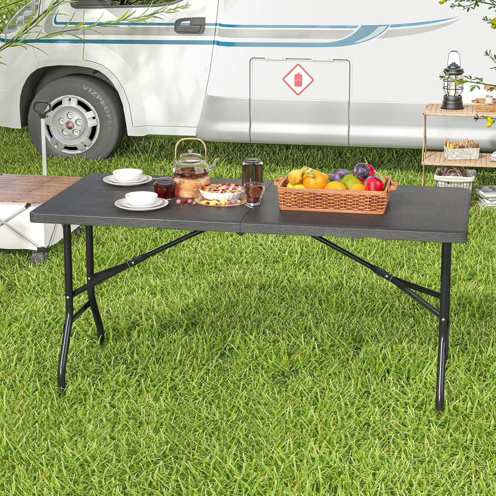 5FT Folding Picnic Table with Wood Grain HDPE Tabletop and Non-slip Foot Pads by DirectDeals