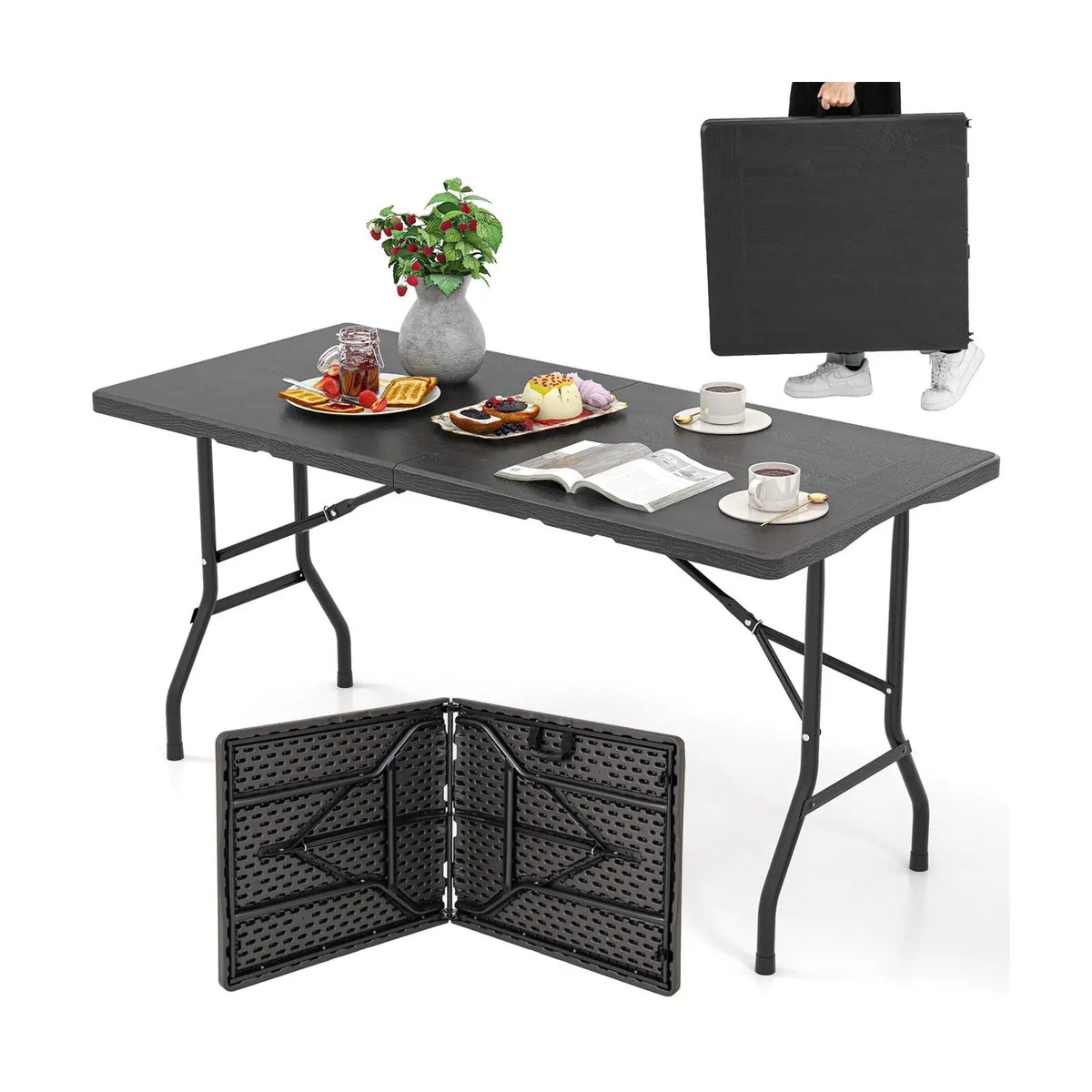 5FT Folding Picnic Table with Wood Grain HDPE Tabletop and Non-slip Foot Pads, photo 4 of 7