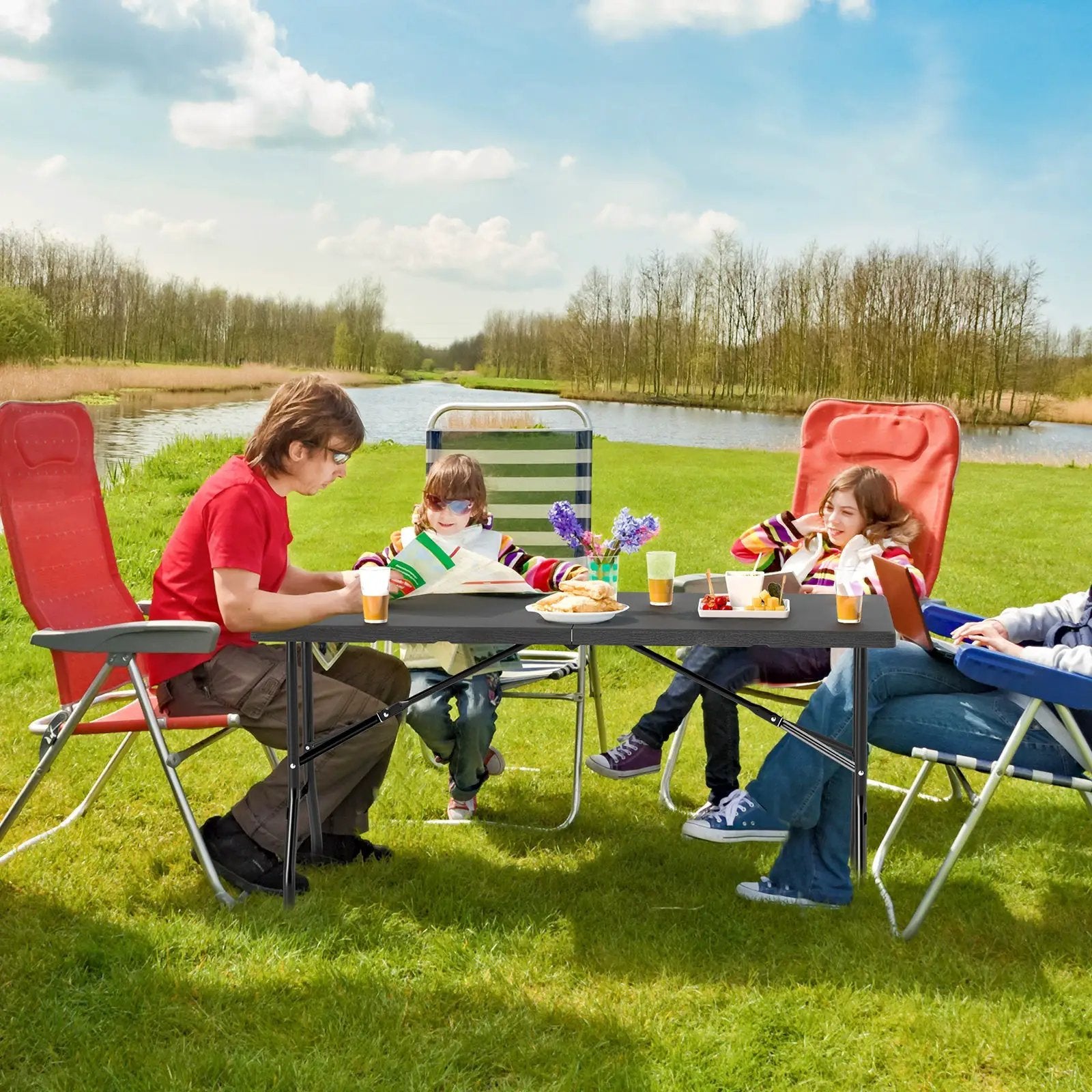 5FT Folding Picnic Table with Wood Grain HDPE Tabletop and Non-slip Foot Pads by DirectDeals