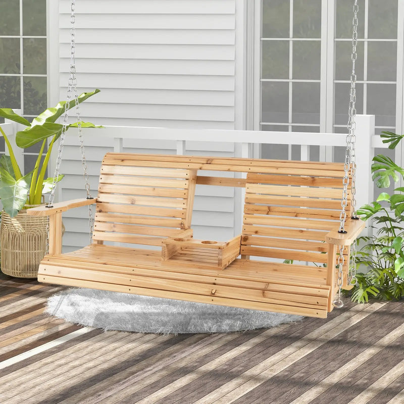5 Feet Porch Swing Chair with Adjustable Chains and Foldable Cup Holders by DirectDeals