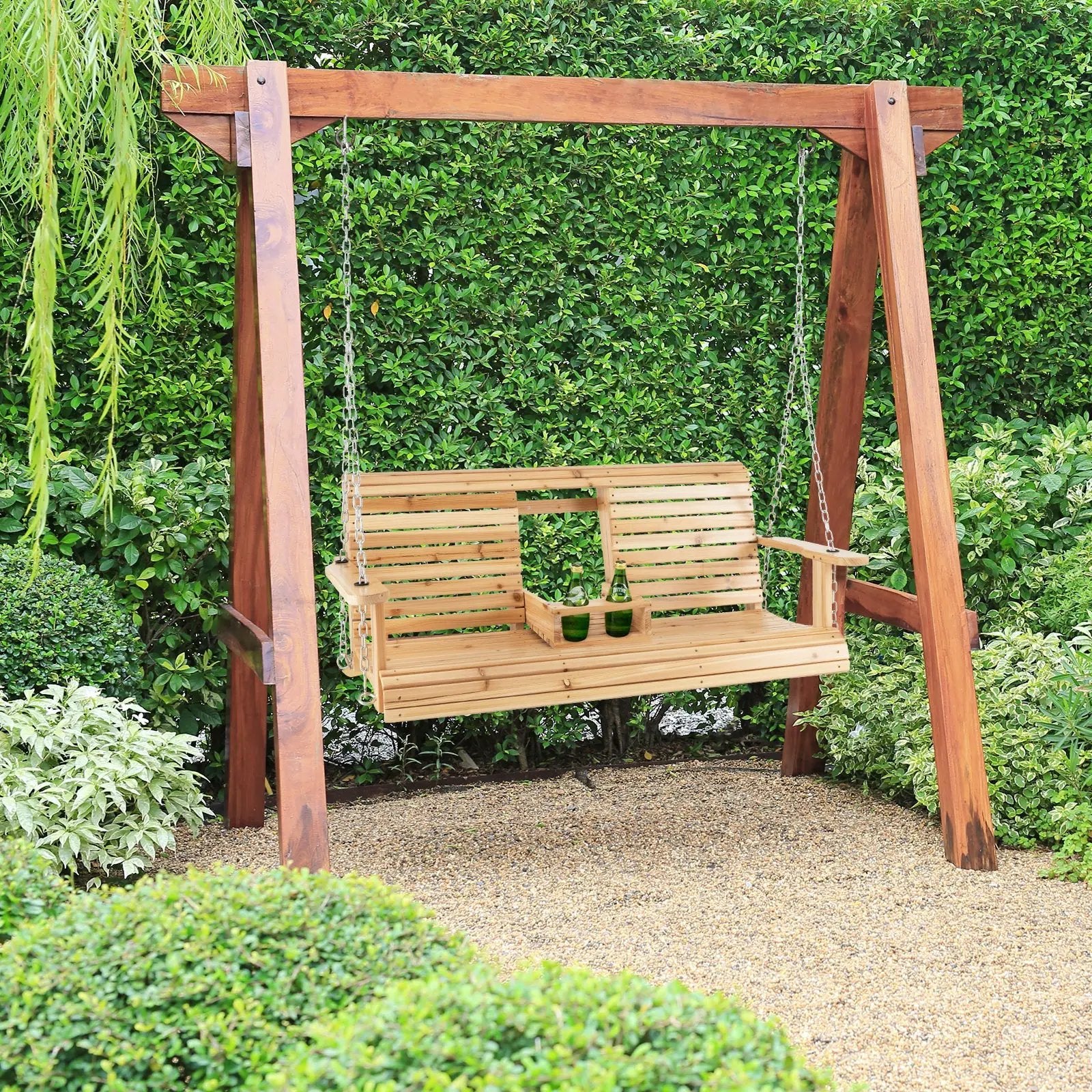 5 Feet Porch Swing Chair with Adjustable Chains and Foldable Cup Holders by DirectDeals