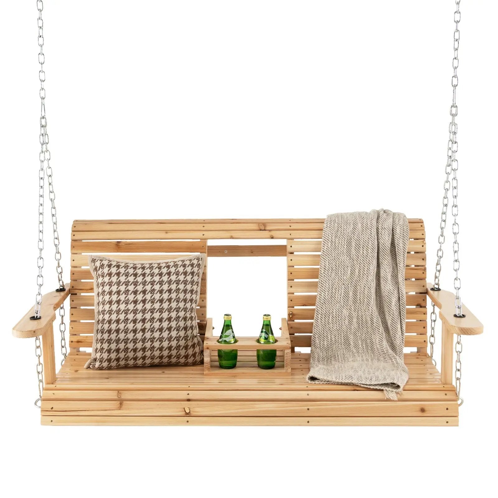 5 Feet Porch Swing Chair with Adjustable Chains and Foldable Cup Holders by DirectDeals