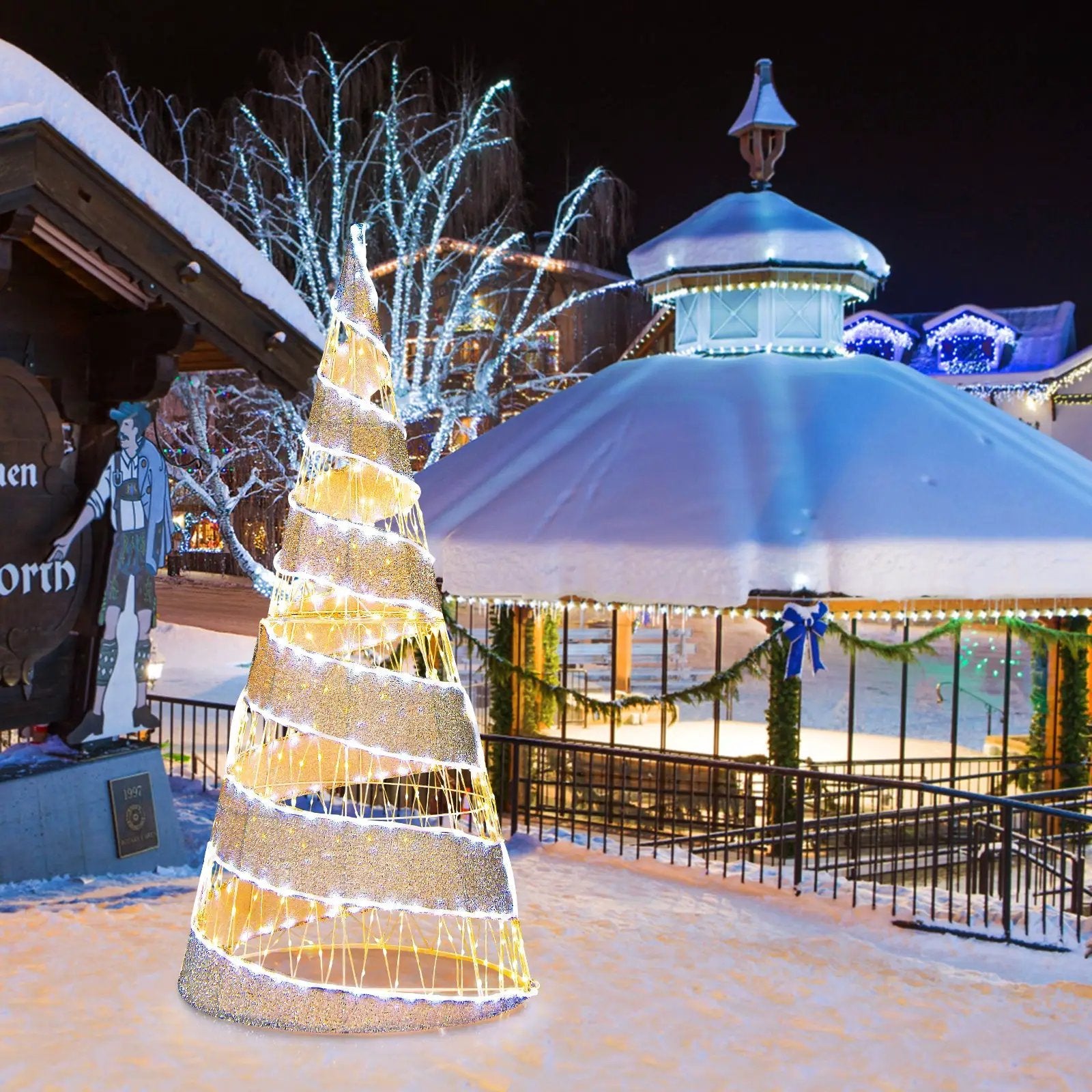 5 Feet Pre-lit Christmas Cone Tree with 300 Warm White and 250 Cold White LED Lights by DirectDeals