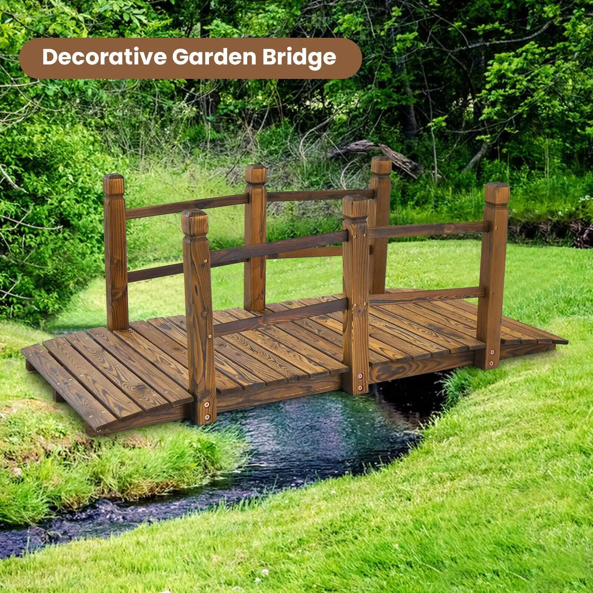 5 Feet Wooden Garden Bridge with Safety Rails, photo 2 of 9