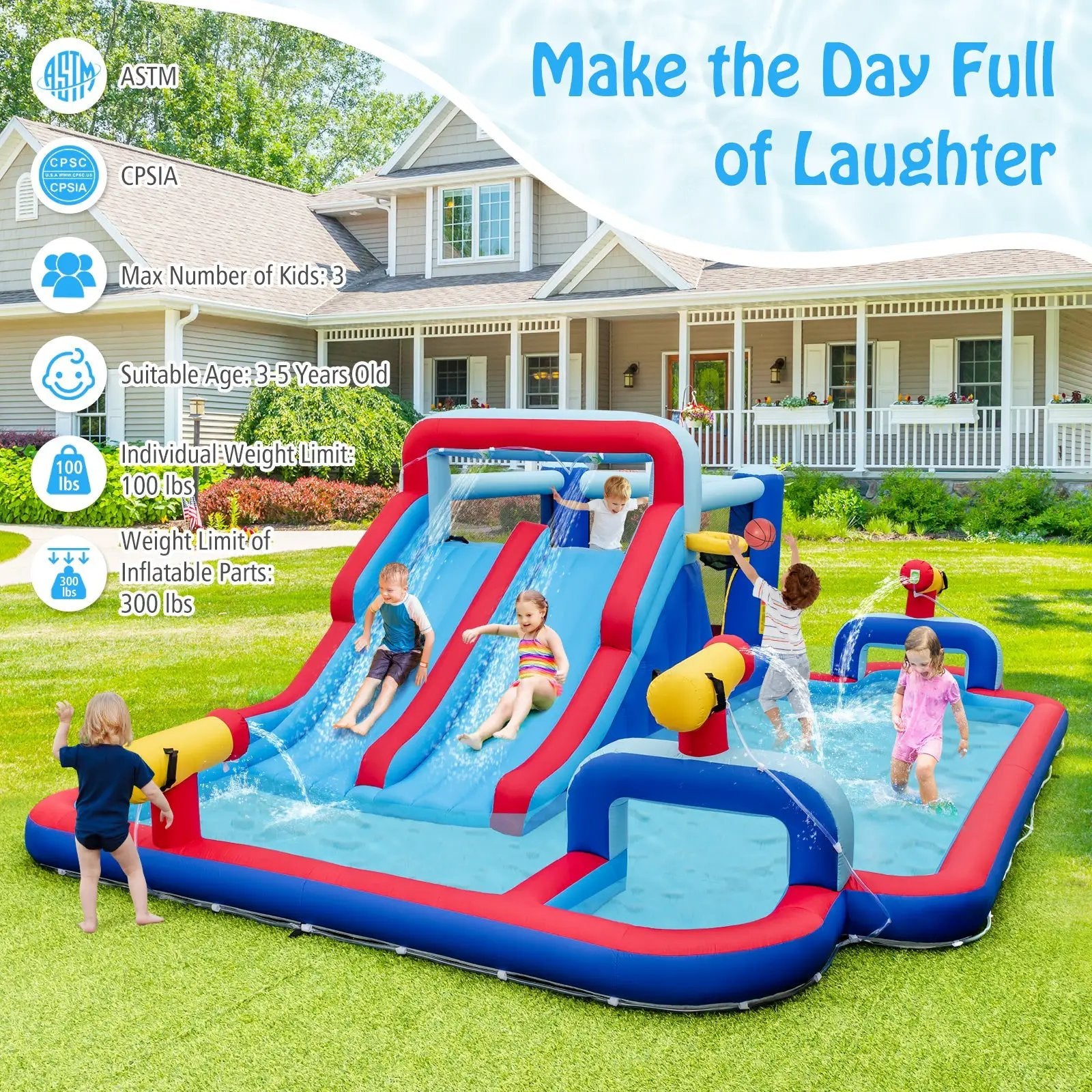 Inflatable Bounce House with 2 Water Slides and 3 Water Cannons With 735W Blower by DirectDeals