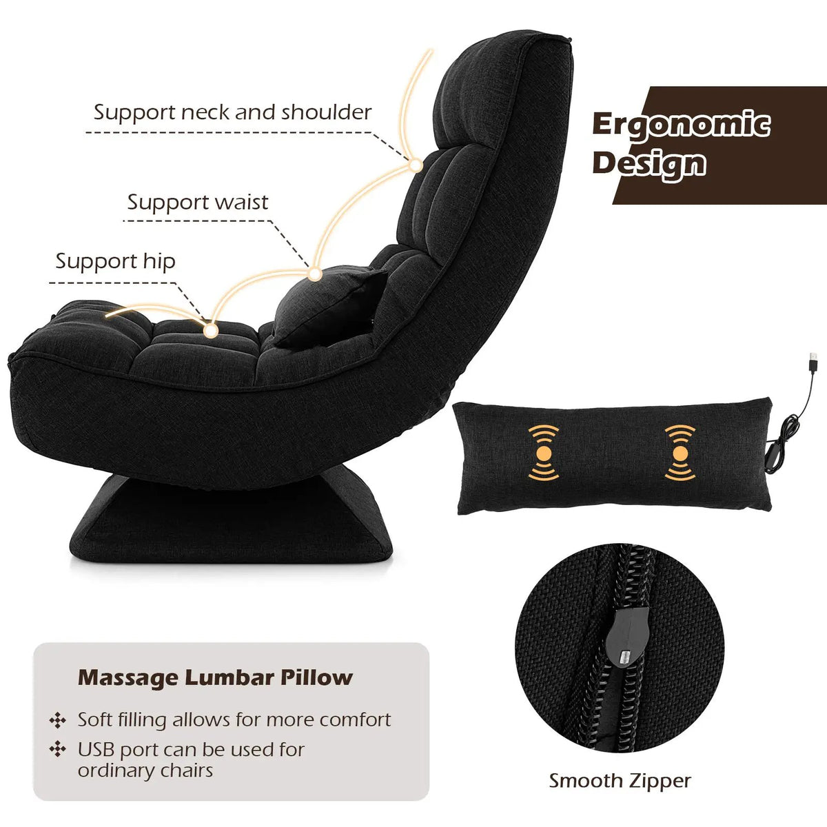 5-Level Adjustable 360° Swivel Floor Chair with Massage Pillow, photo 7 of 10