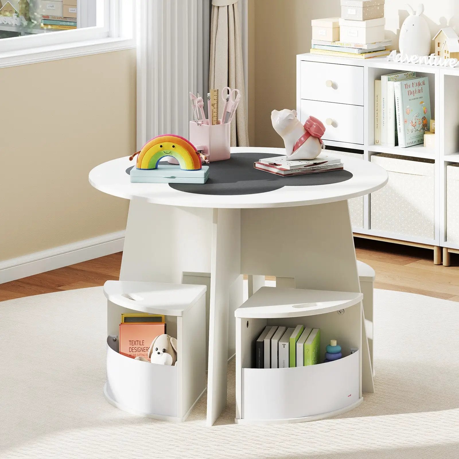 5 PCS Kids Table and Chair Set with Storage Stools for Activity-White by DirectDeals