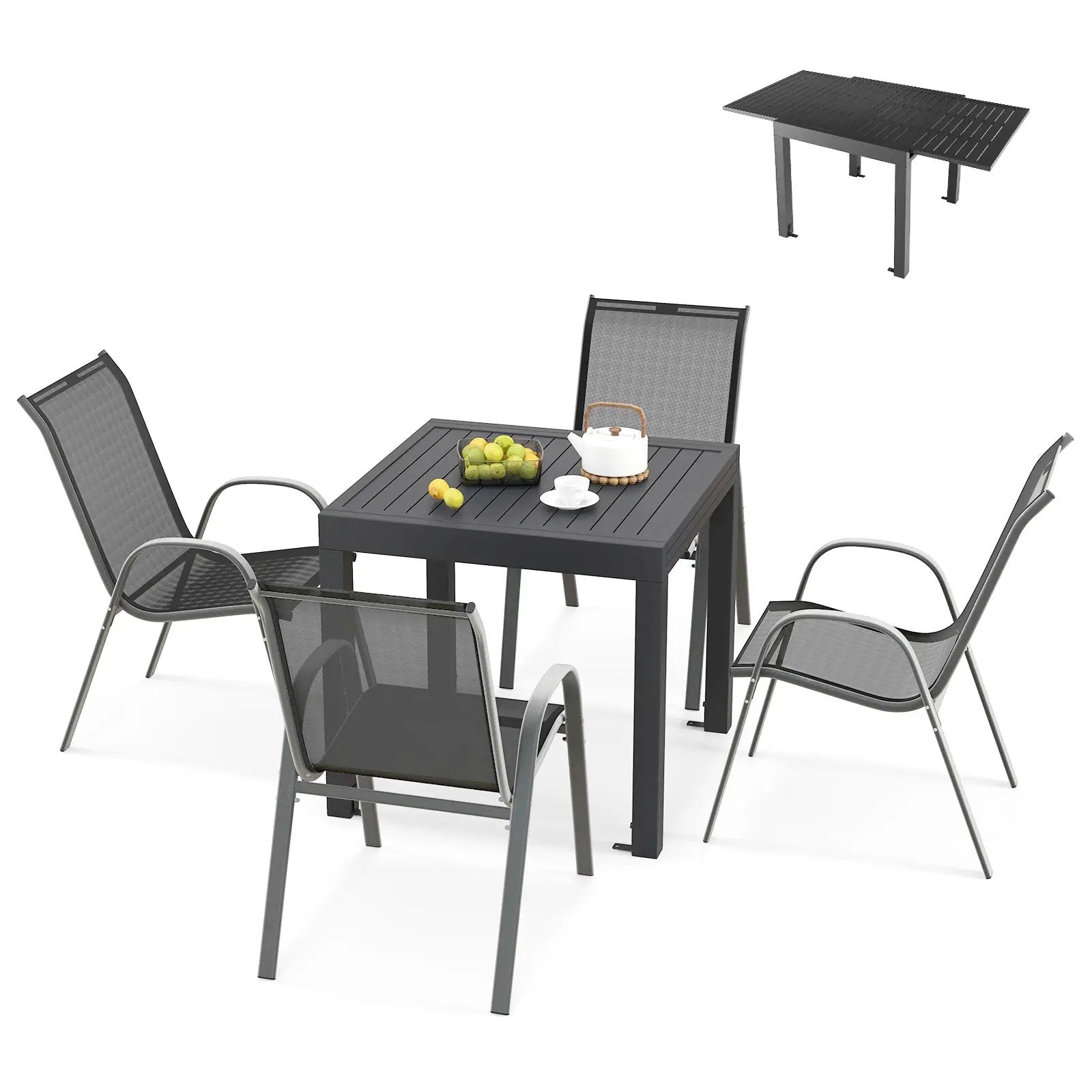 Outdoor Dining Table Set with Extendable Aluminum Table and 4 Stackable Chairs by DirectDeals