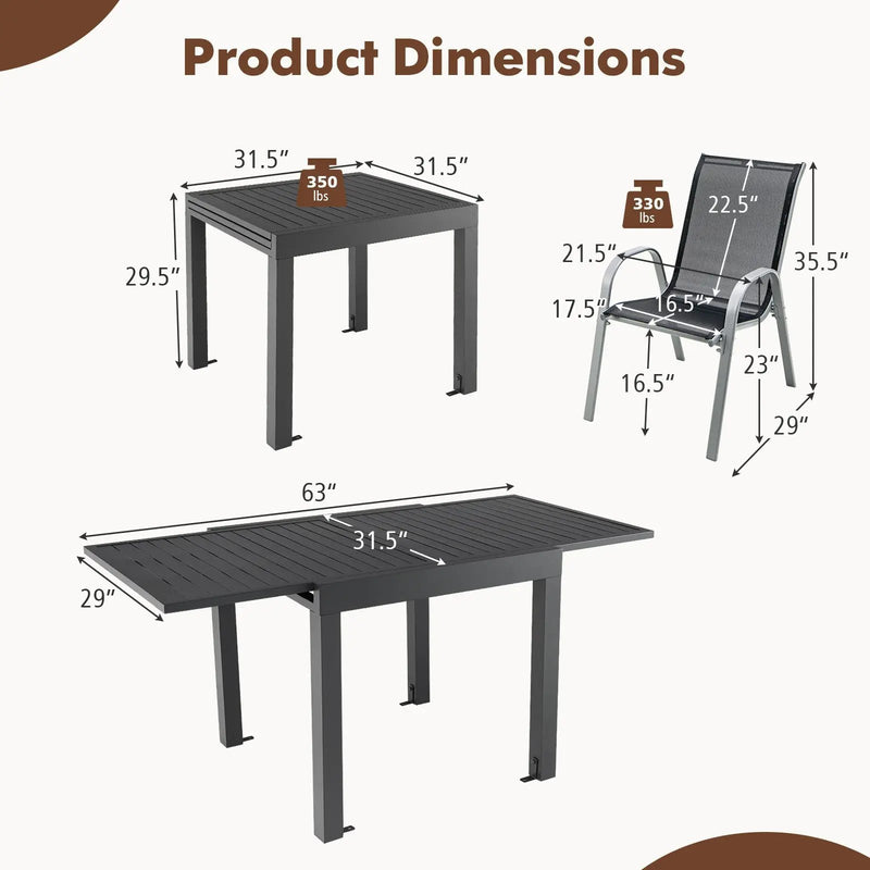 Outdoor Dining Table Set with Extendable Aluminum Table and 4 Stackable Chairs by DirectDeals