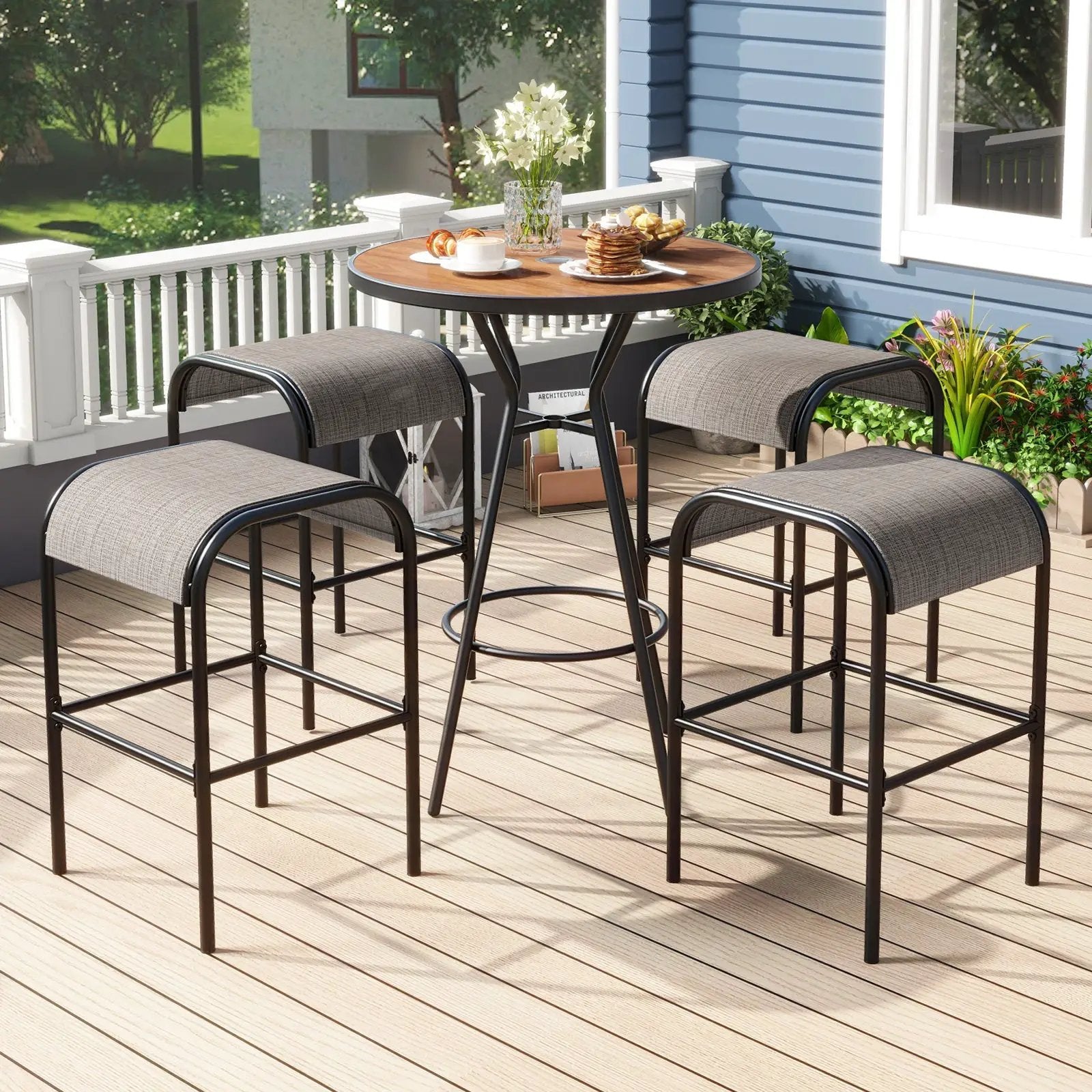 5 Pieces Outdoor Round Bar Table Set with 1.6 Inches Umbrella Hole by DirectDeals