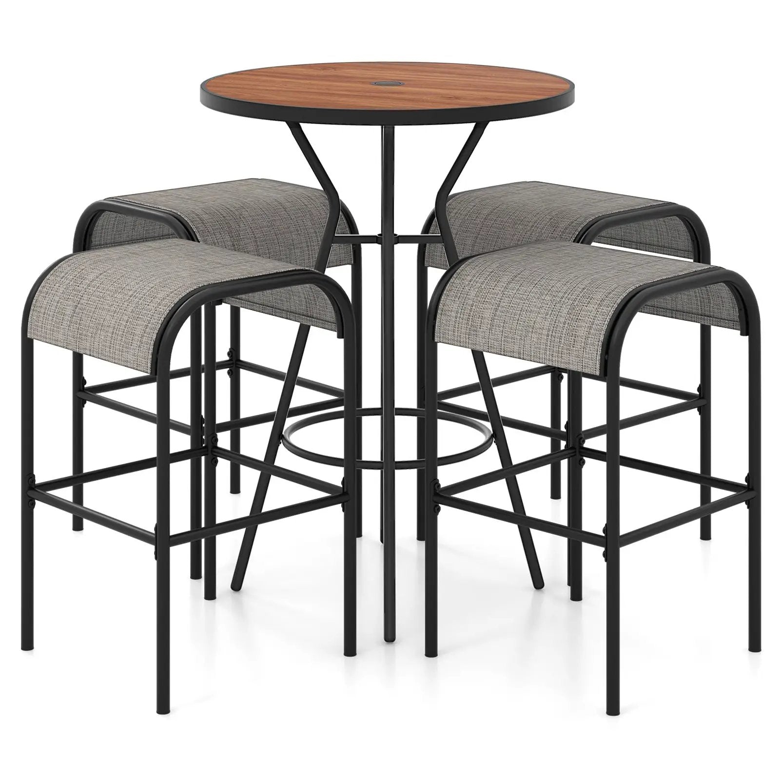 5 Pieces Outdoor Round Bar Table Set with 1.6 Inches Umbrella Hole by DirectDeals
