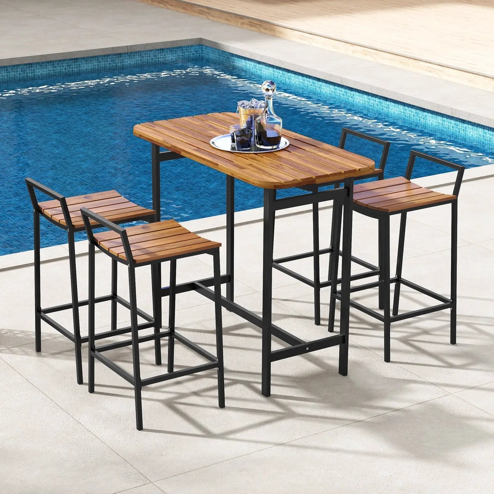 5 Piece Acacia Wood Bar Table Set Bar Height Table and Chairs with Metal Frame and Footrest by DirectDeals