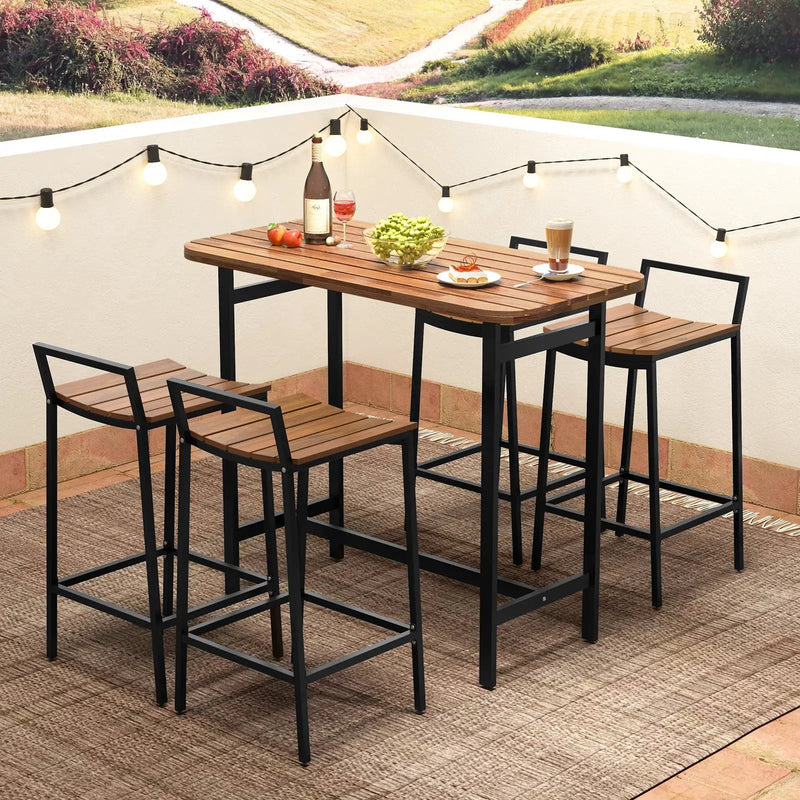 5 Piece Acacia Wood Bar Table Set Bar Height Table and Chairs with Metal Frame and Footrest by DirectDeals