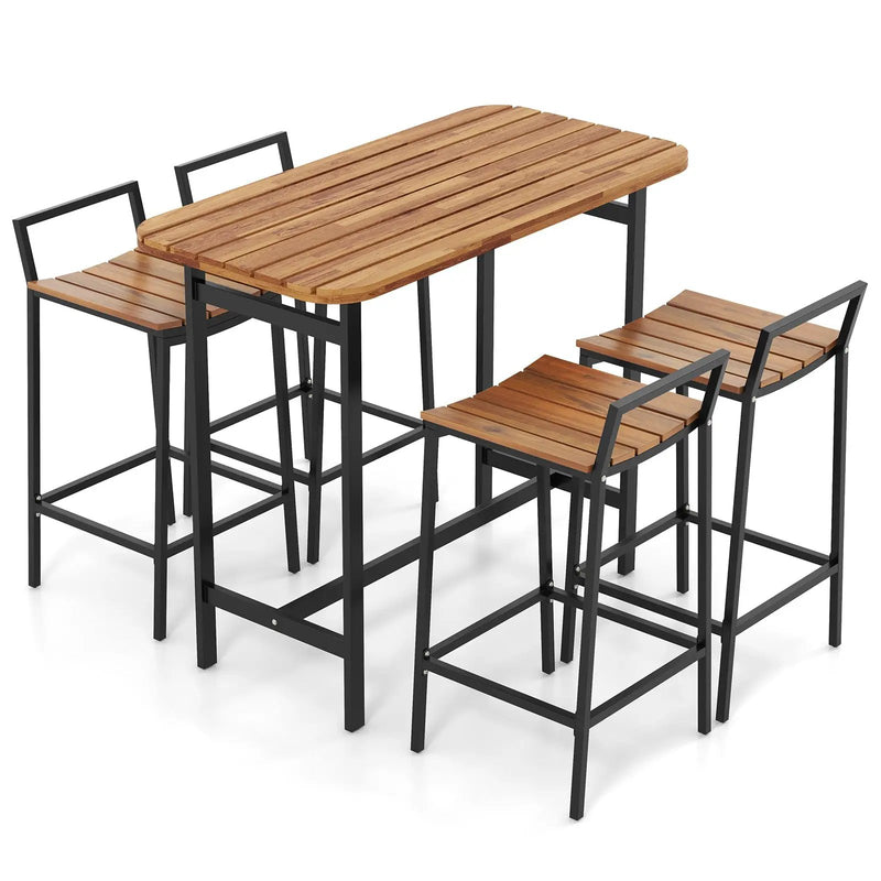 5 Piece Acacia Wood Bar Table Set Bar Height Table and Chairs with Metal Frame and Footrest by DirectDeals