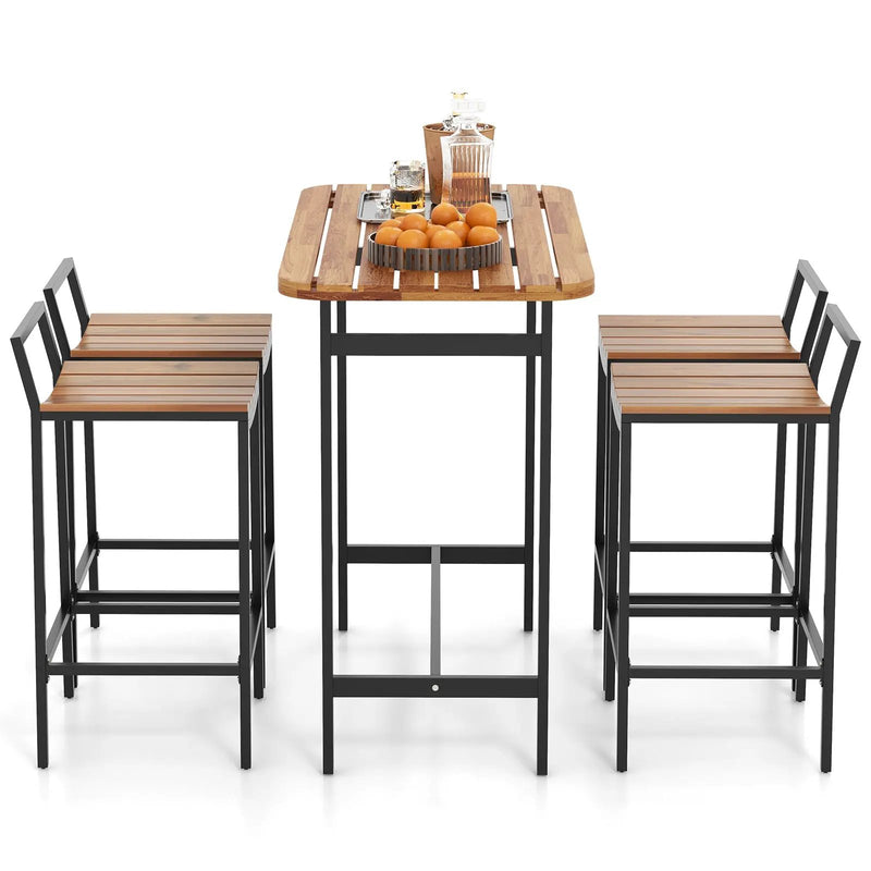 5 Piece Acacia Wood Bar Table Set Bar Height Table and Chairs with Metal Frame and Footrest by DirectDeals