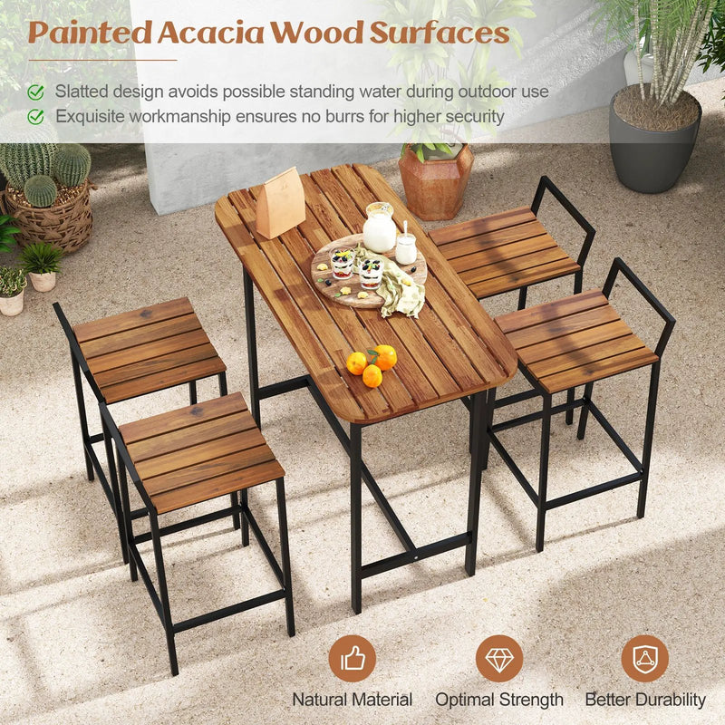 5 Piece Acacia Wood Bar Table Set Bar Height Table and Chairs with Metal Frame and Footrest by DirectDeals