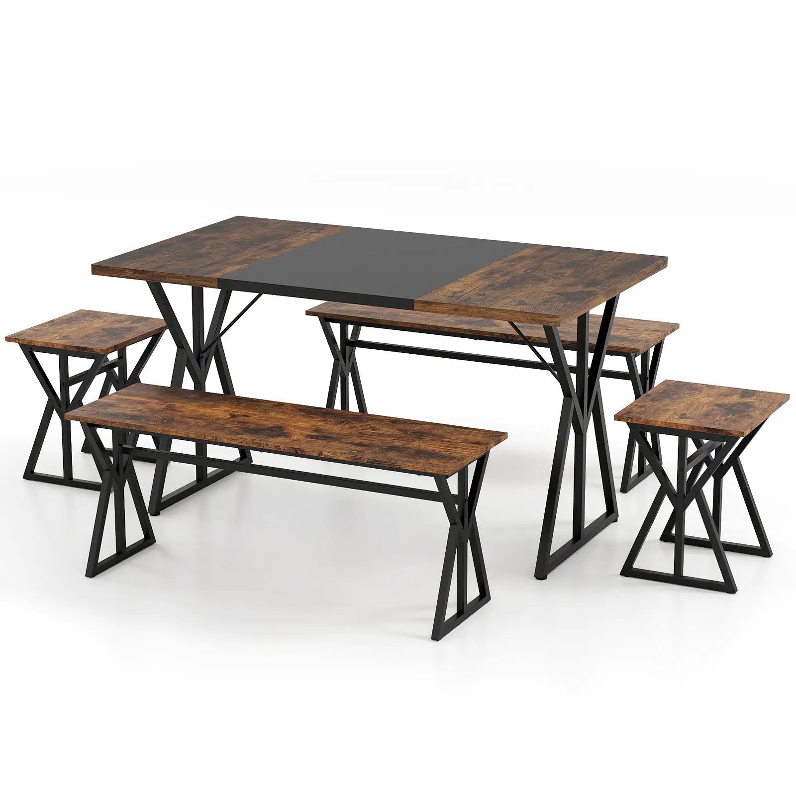 5-Piece Dining Room Set Industrial Rectangular Kitchen Table with 2 Benches and 2 Stools-Rustic Brown by DirectDeals