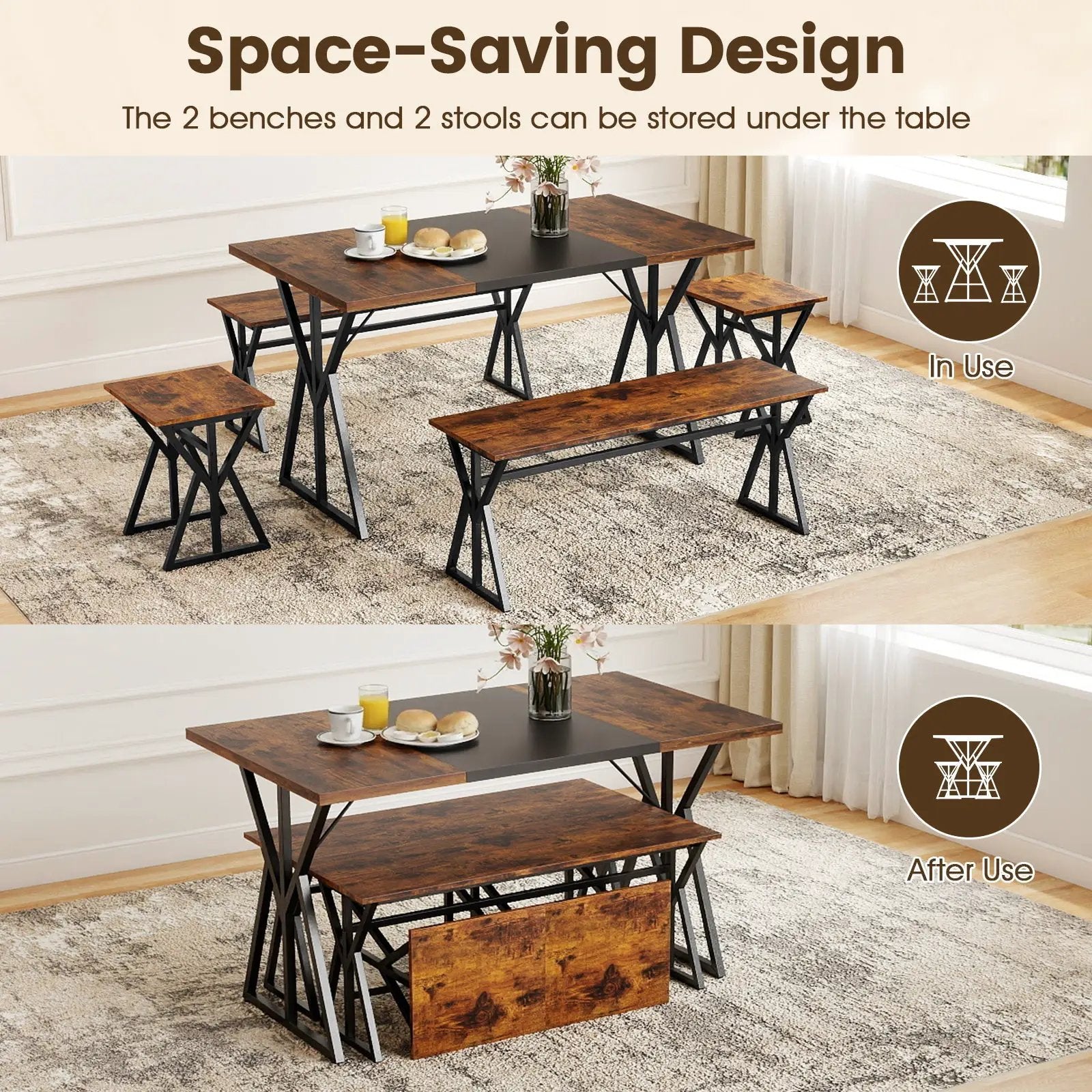5-Piece Dining Room Set Industrial Rectangular Kitchen Table with 2 Benches and 2 Stools-Rustic Brown by DirectDeals