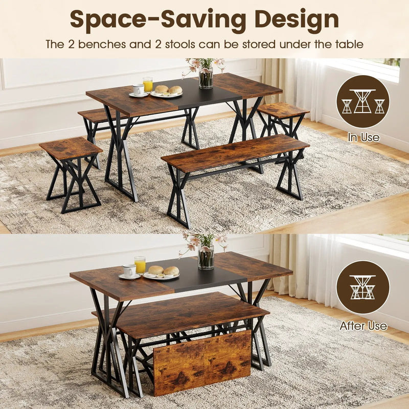 5-Piece Dining Room Set Industrial Rectangular Kitchen Table with 2 Benches and 2 Stools-Rustic Brown by DirectDeals