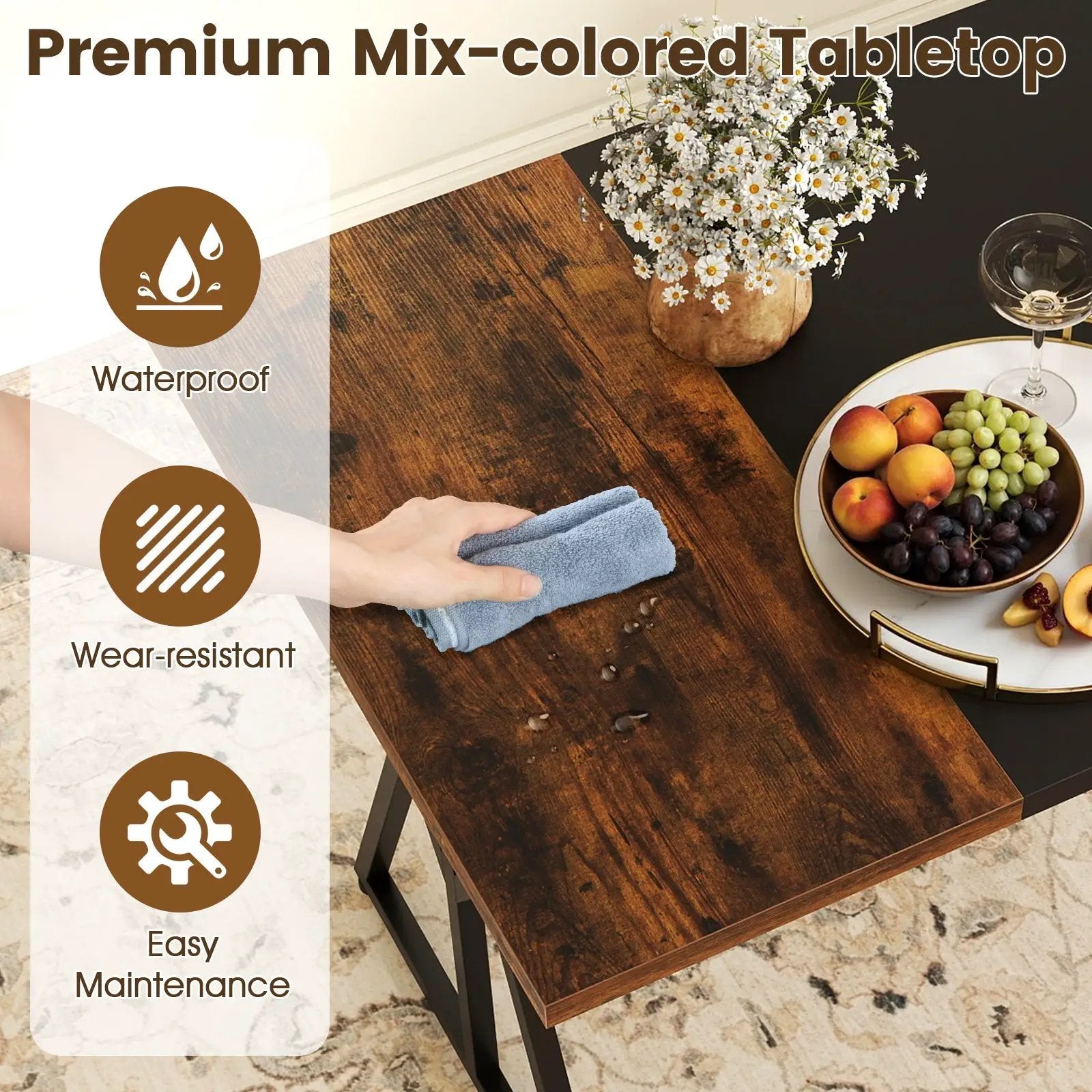 5-Piece Dining Room Set Industrial Rectangular Kitchen Table with 2 Benches and 2 Stools-Rustic Brown by DirectDeals