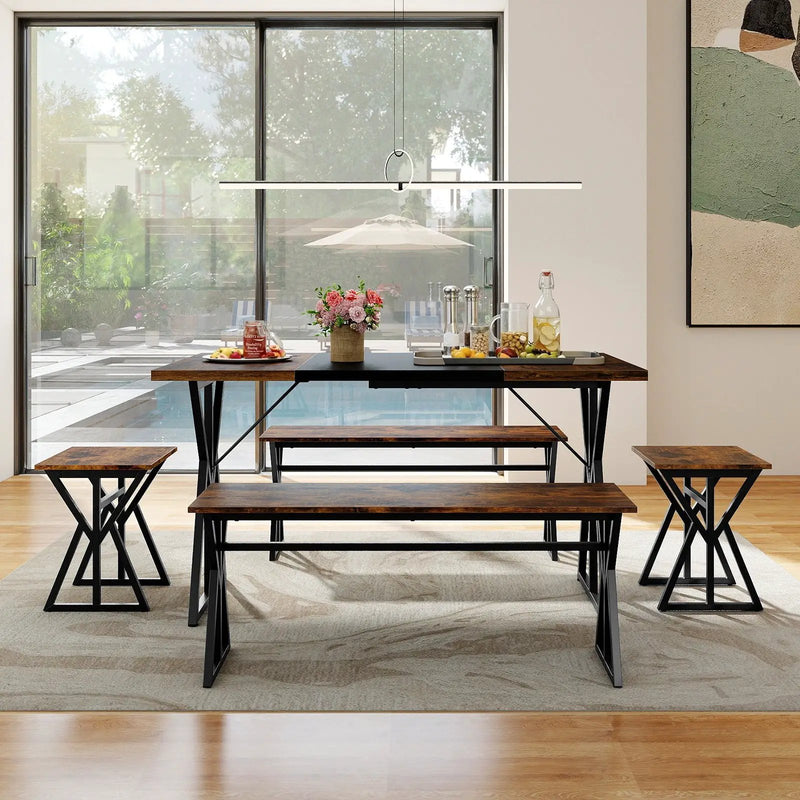 5-Piece Dining Room Set Industrial Rectangular Kitchen Table with 2 Benches and 2 Stools-Rustic Brown by DirectDeals