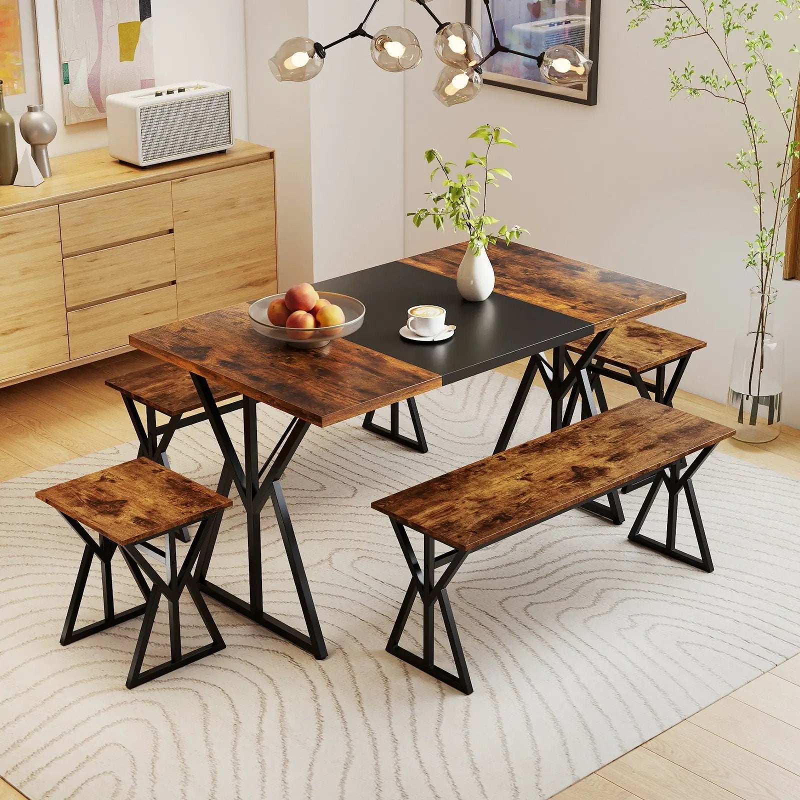 5-Piece Dining Room Set Industrial Rectangular Kitchen Table with 2 Benches and 2 Stools-Rustic Brown by DirectDeals