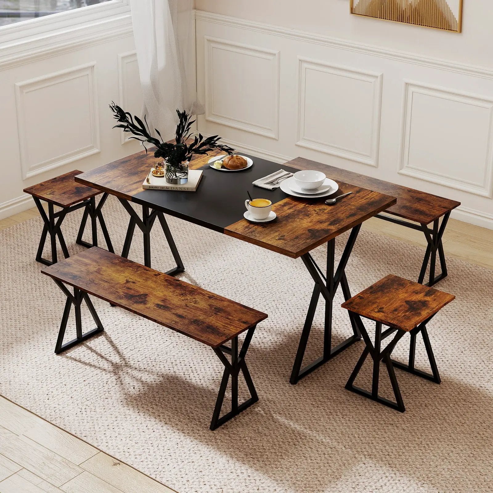 5-Piece Dining Room Set Industrial Rectangular Kitchen Table with 2 Benches and 2 Stools-Rustic Brown by DirectDeals