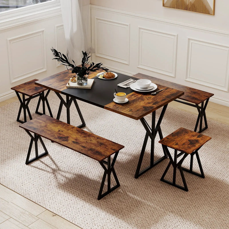 5-Piece Dining Room Set Industrial Rectangular Kitchen Table with 2 Benches and 2 Stools-Rustic Brown by DirectDeals