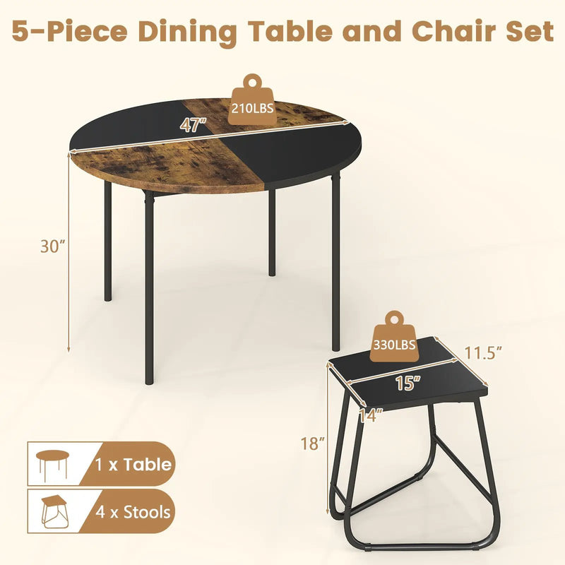 5-Piece Dining Set for 4 47 Inch Round Kitchen Table and 4 Stools-Brown by DirectDeals