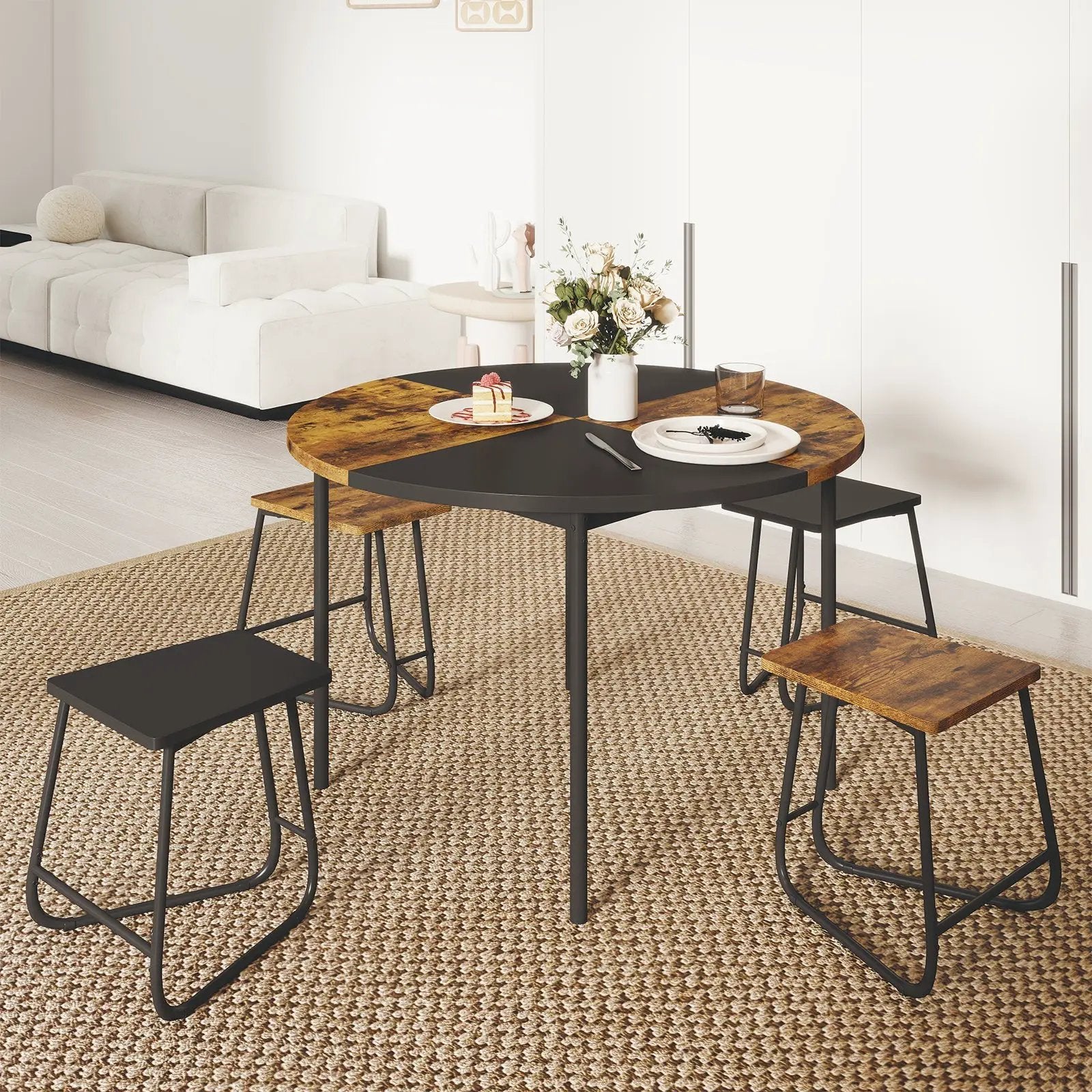 5-Piece Dining Set for 4 47 Inch Round Kitchen Table and 4 Stools-Brown by DirectDeals