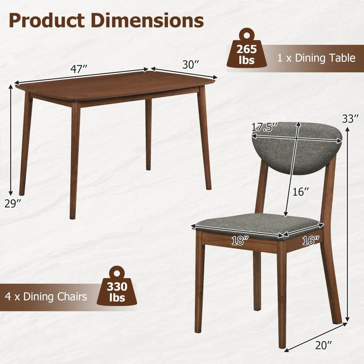 5-Piece Dining Set with Rectangular Table & 4 Fabric Chairs, photo 5 of 16