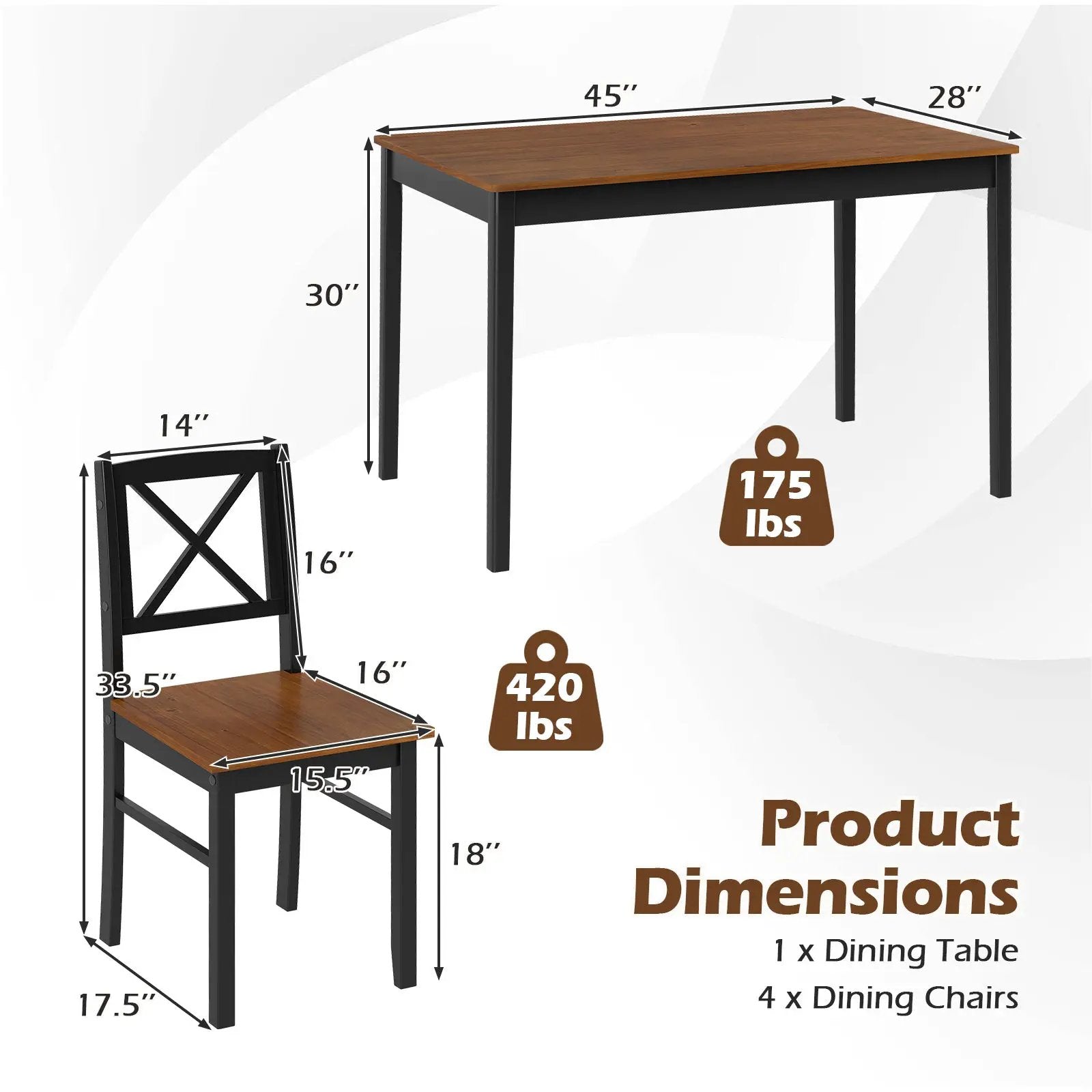 5 Piece Dining Table Set with Rectangular Kitchen Table and 4 Chairs for 4 People-Coffee by DirectDeals