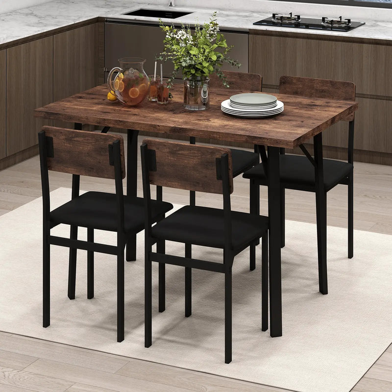 5-Piece Dining Table Set for 4 People Industrial Kitchen Table and 4 PU Leather Chairs-Brown by DirectDeals