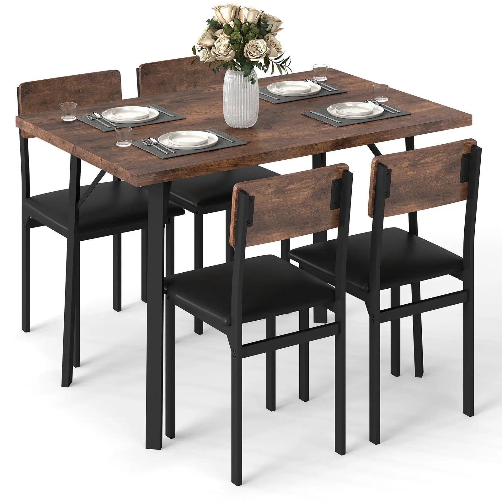5-Piece Dining Table Set for 4 People Industrial Kitchen Table and 4 PU Leather Chairs-Brown by DirectDeals