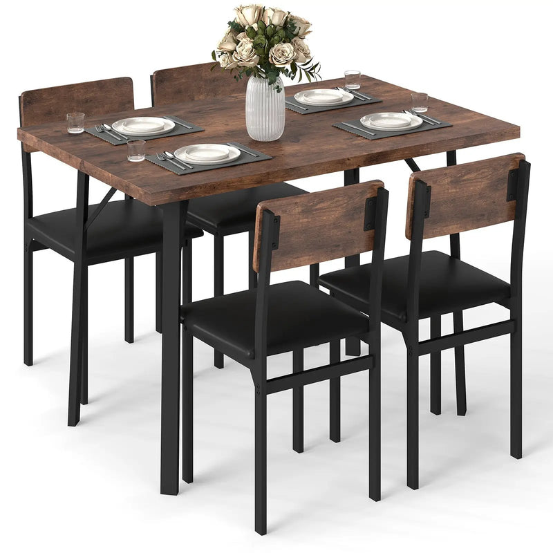 5-Piece Dining Table Set for 4 People Industrial Kitchen Table and 4 PU Leather Chairs-Brown by DirectDeals