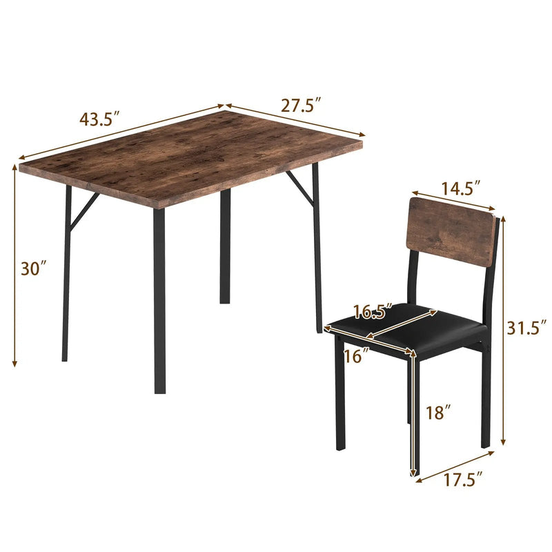 5-Piece Dining Table Set for 4 People Industrial Kitchen Table and 4 PU Leather Chairs-Brown by DirectDeals