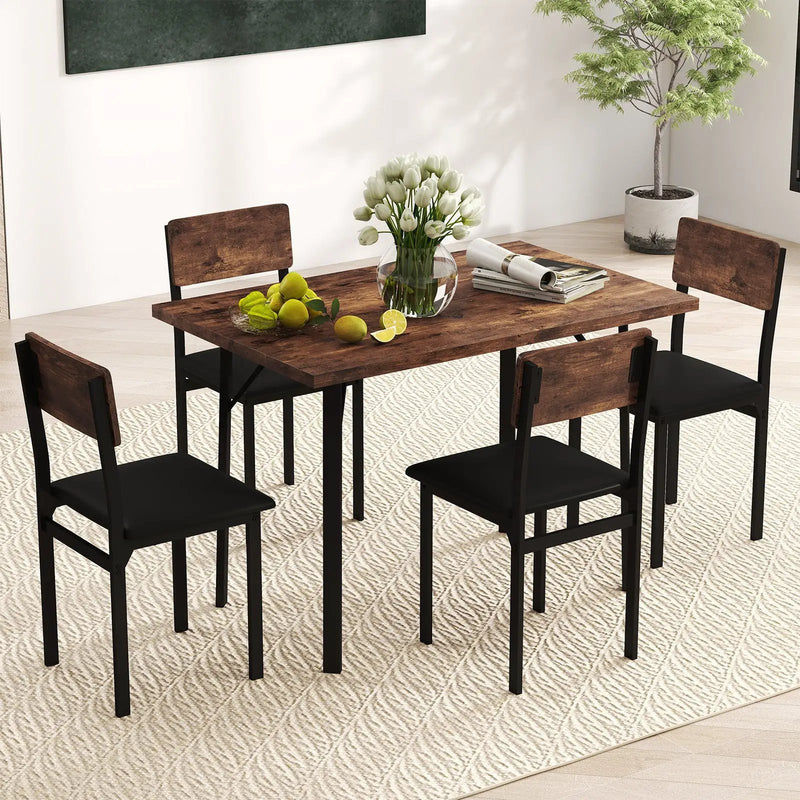 5-Piece Dining Table Set for 4 People Industrial Kitchen Table and 4 PU Leather Chairs-Brown by DirectDeals
